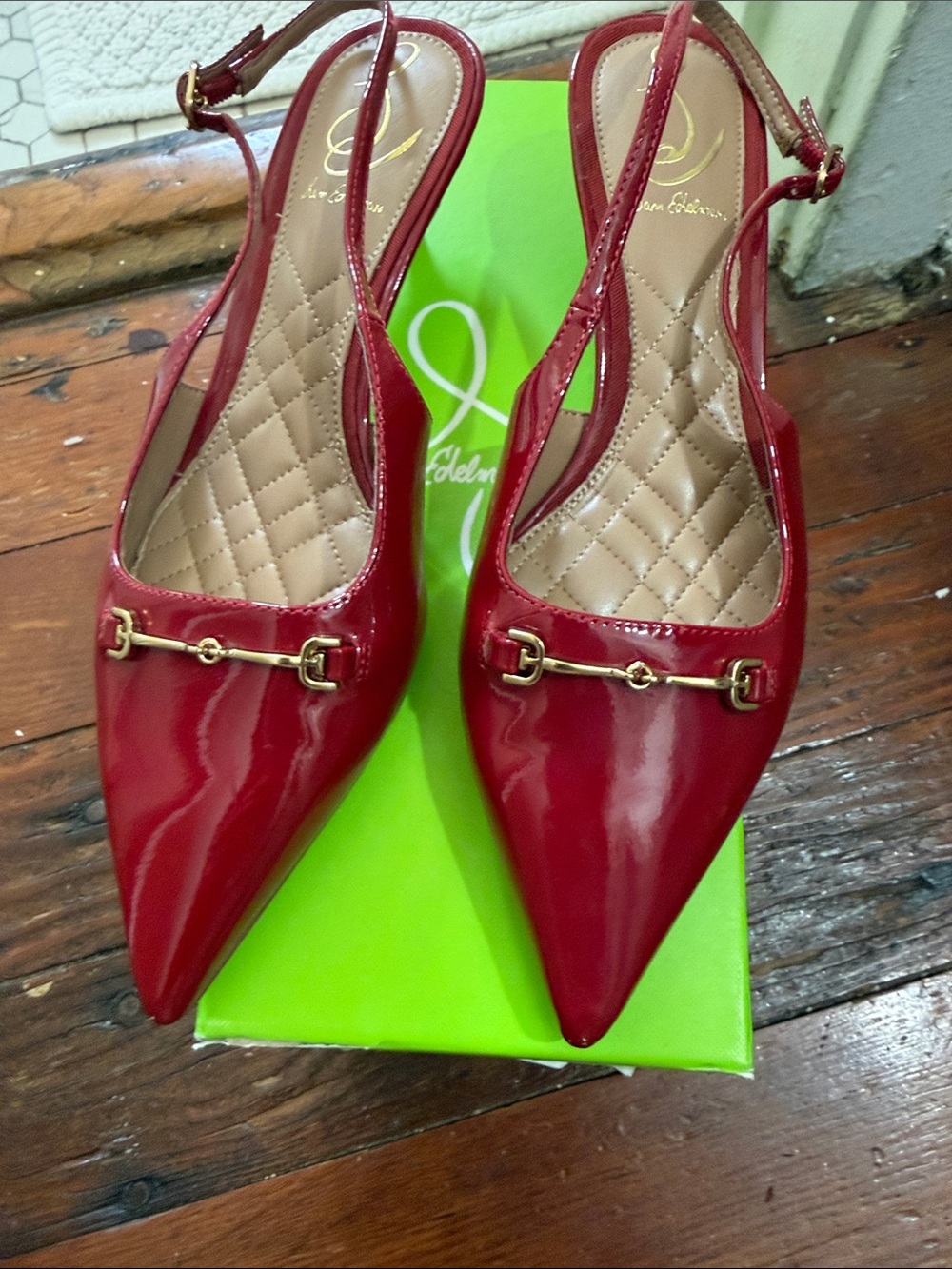 Sam Edelman Red Patent Pointed Slingback Mules with Gold Bit